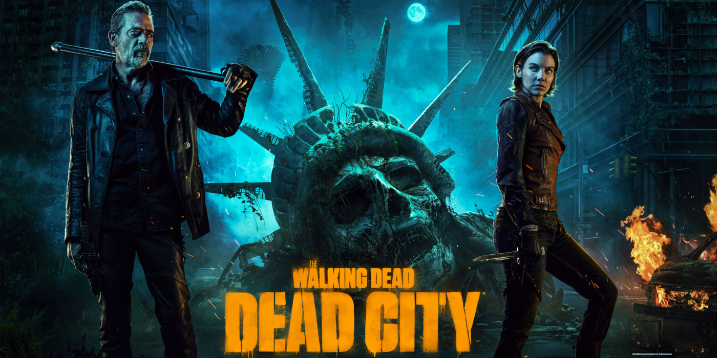 Jeffrey Dean Morgan as Negan holding a bat over his shoulder next to Lauren Cohan as Maggie looking towards the camera in The Walking ᴅᴇᴀᴅ: ᴅᴇᴀᴅ City Poster