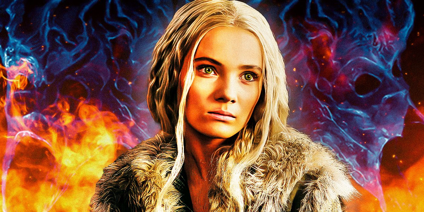 The Witcher Freya Allan como Ciri com chamas ao fundo