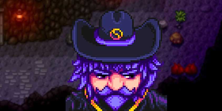 The wizard smiles, overlaid atop a screenshot of the mines from Stardew Valley.