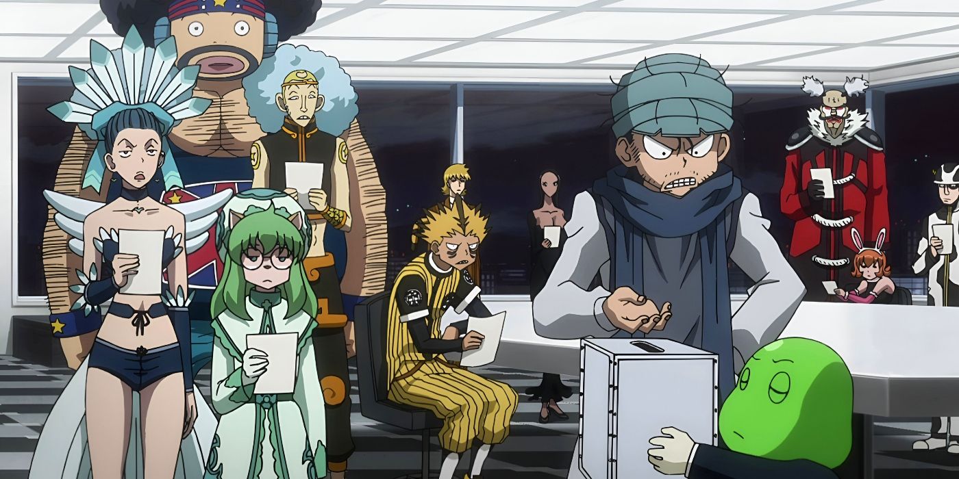 Ging is angry at Beans for not allowing him to see the ballots containing ideas for the 13th Chairman election as the Zodiacs watch in Hunter x Hunter.