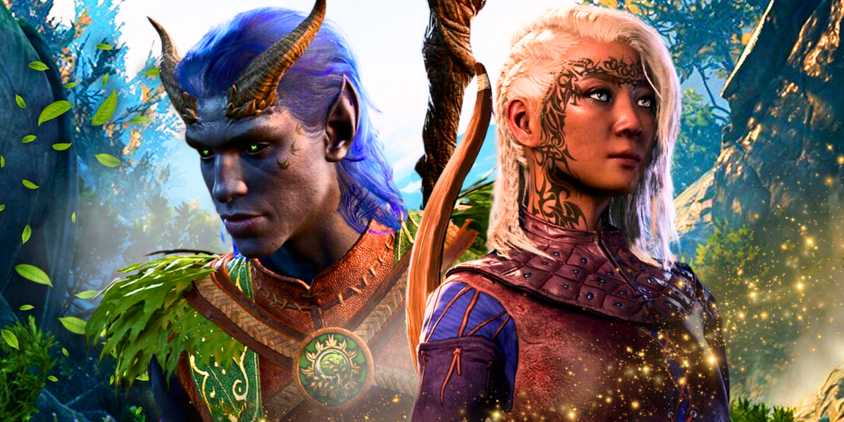 Two of Baldur's Gate 3 hirelings in front of a leafy background