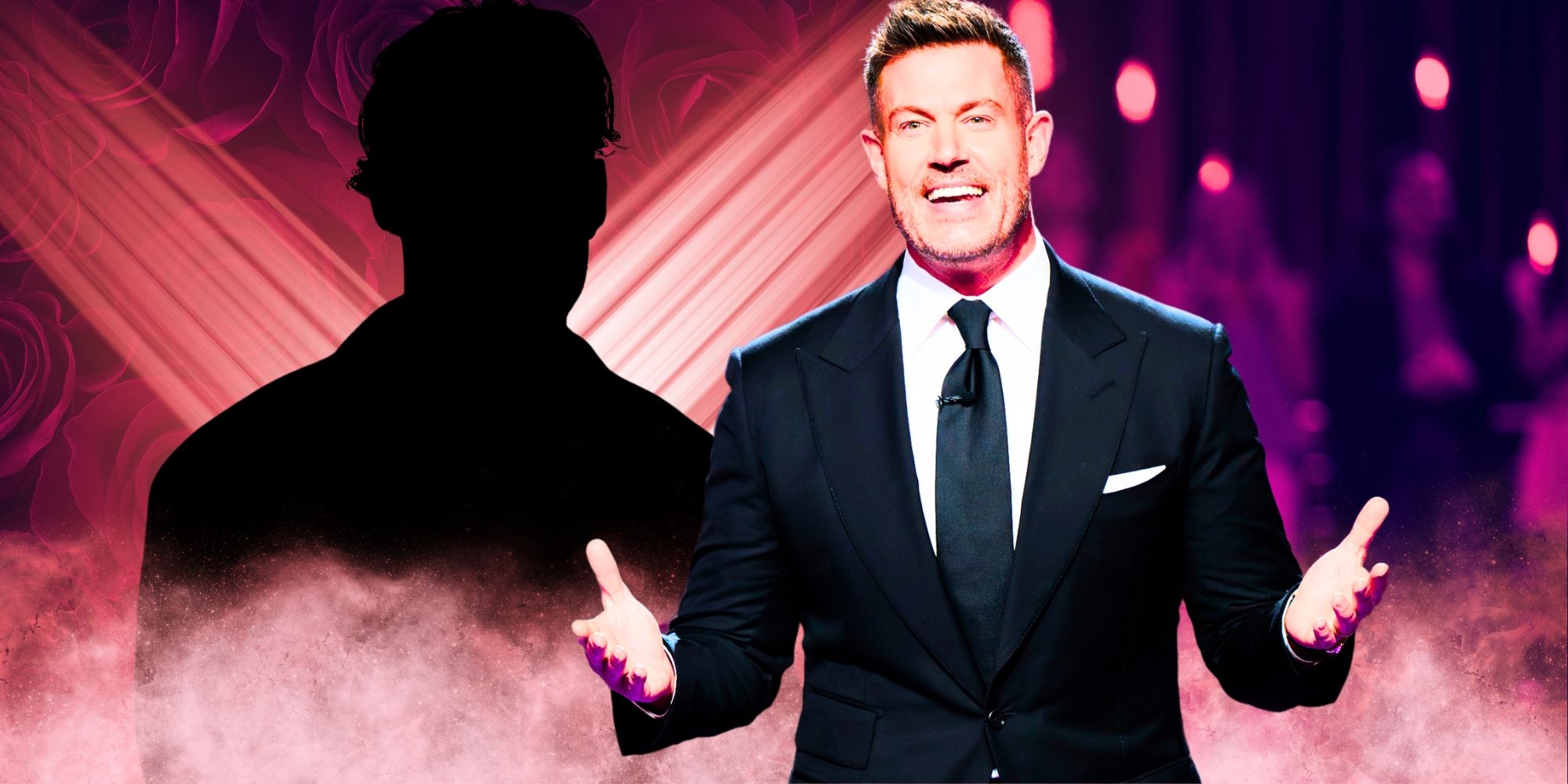 The Bachelor host Jesse Palmer, arms outstretched, with mystery person