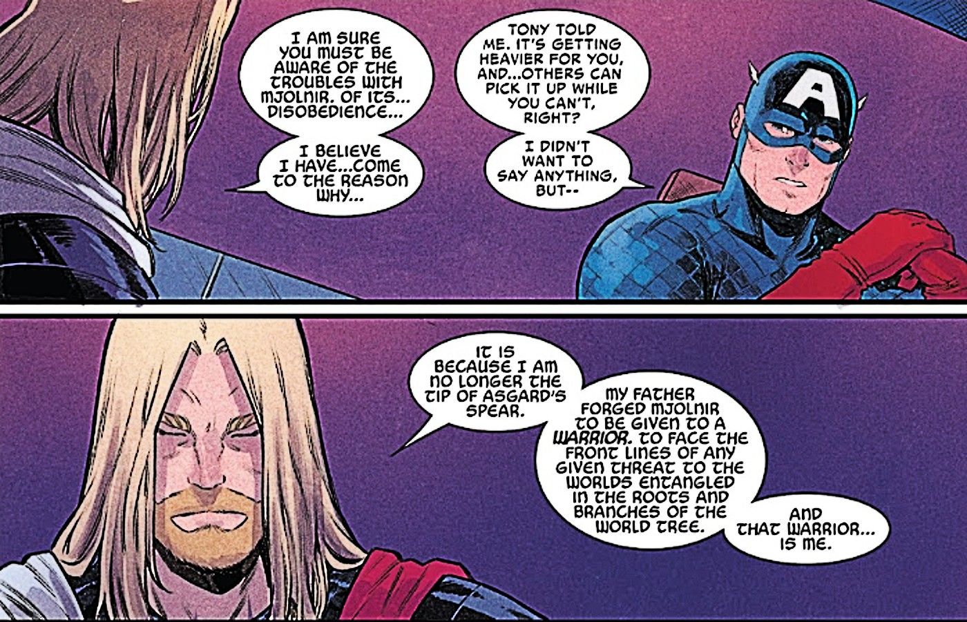 Thor #15, Capitão América e Thor discutem o problema do Asgardiano empunhando o Mjolnir