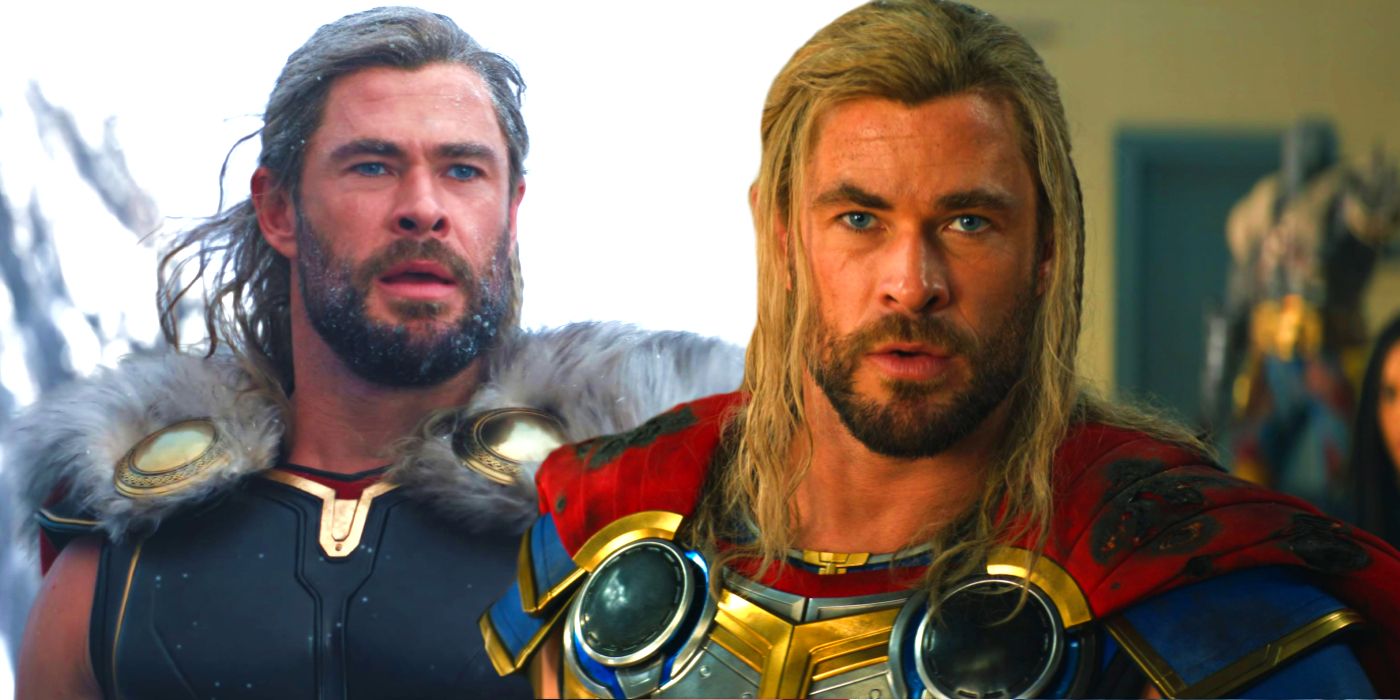 Split image of Chris Hemsworth as Thor in Thor: Love and Thunder