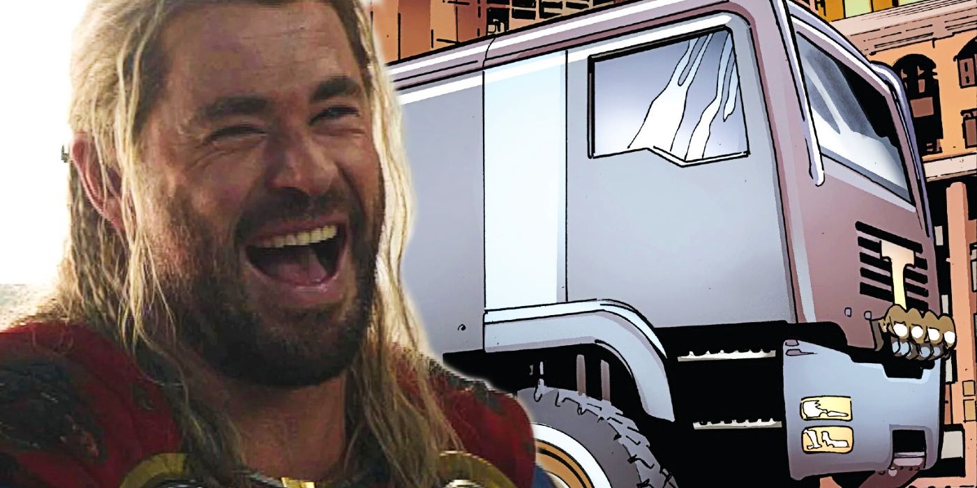 Thor laughs at the sight of a Roxxon 