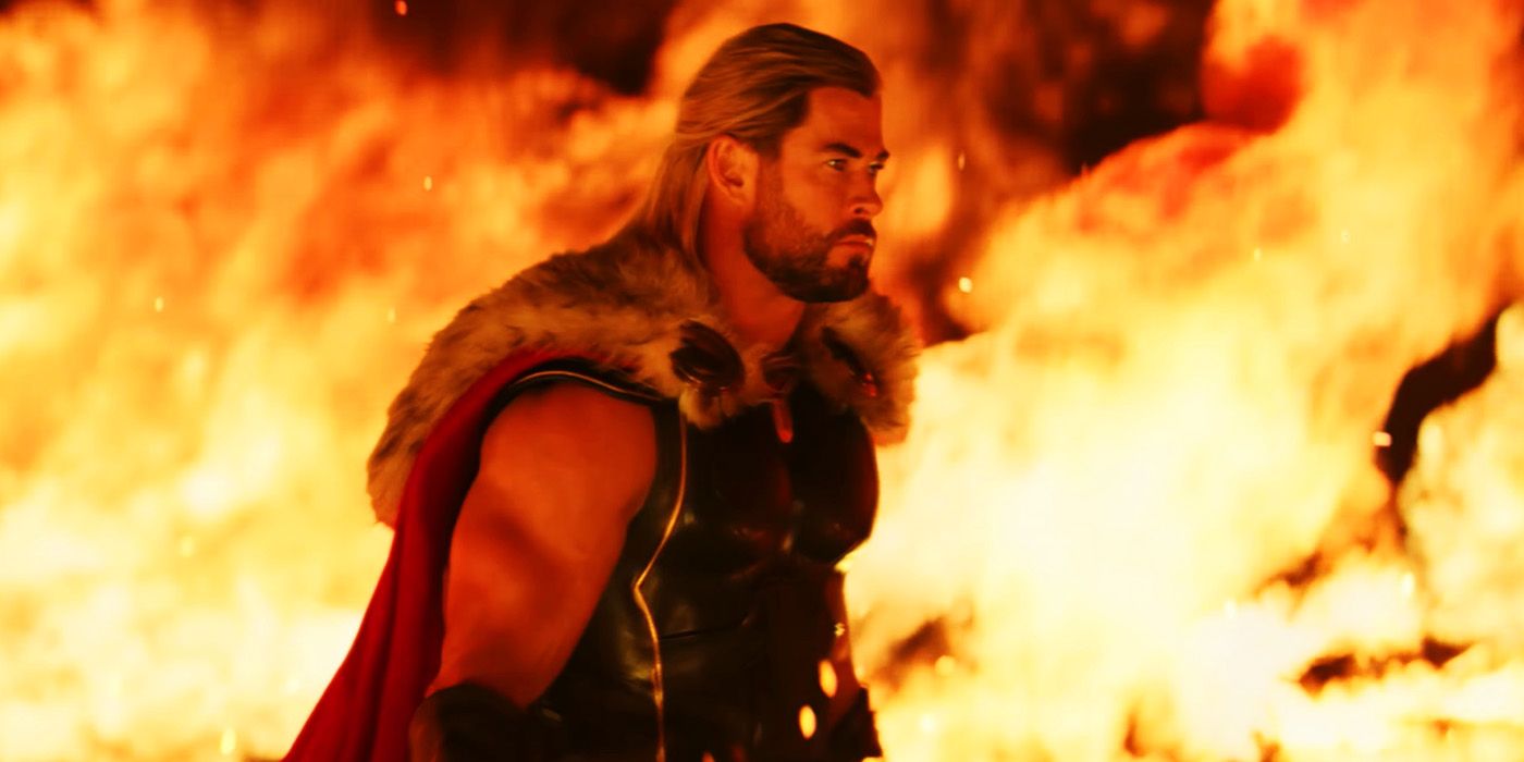 Thor walking through fire in Thor Love and Thunder