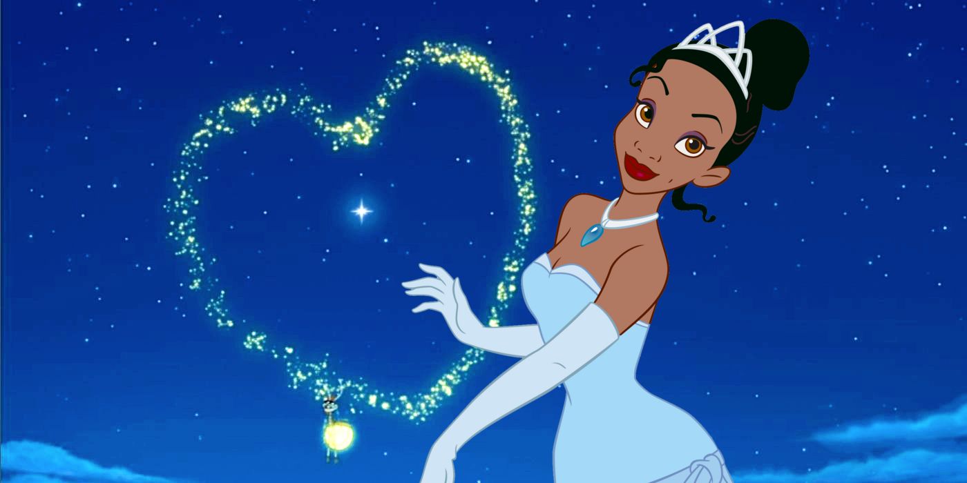 Tiana in front of a heart in the sky from Princess and the Frog