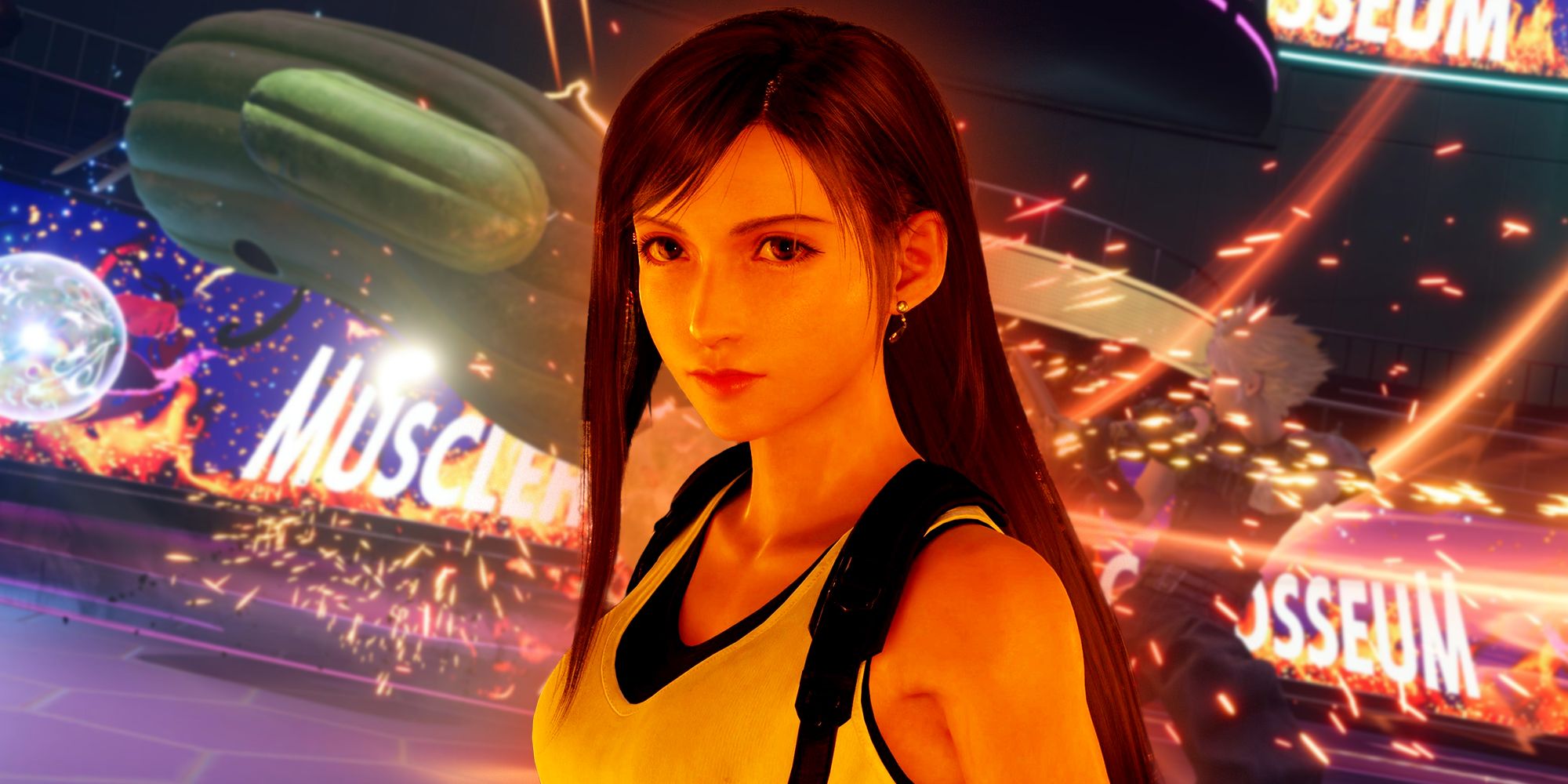 Tifa in front of an image of Cloud fighting a Cactuar in FF7 Rebirth.