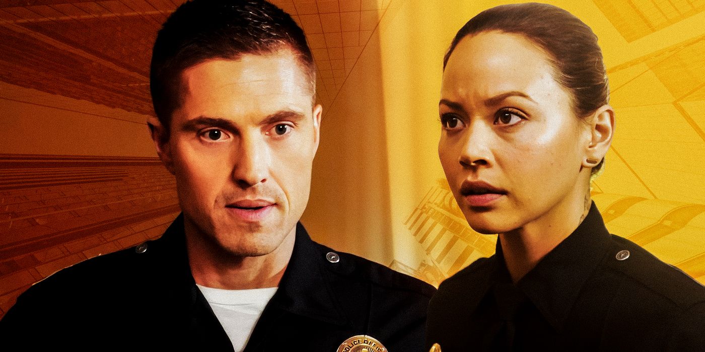 Eric Winter as Tim Bradford and Melissa O'Neil as Lucy Chen in The Rookie.