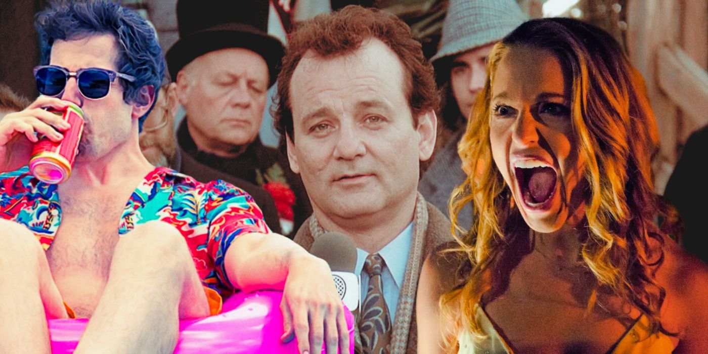 A composite image features characters from time loop movies Palm Springs, Groundhog Day, and Happy Death Day