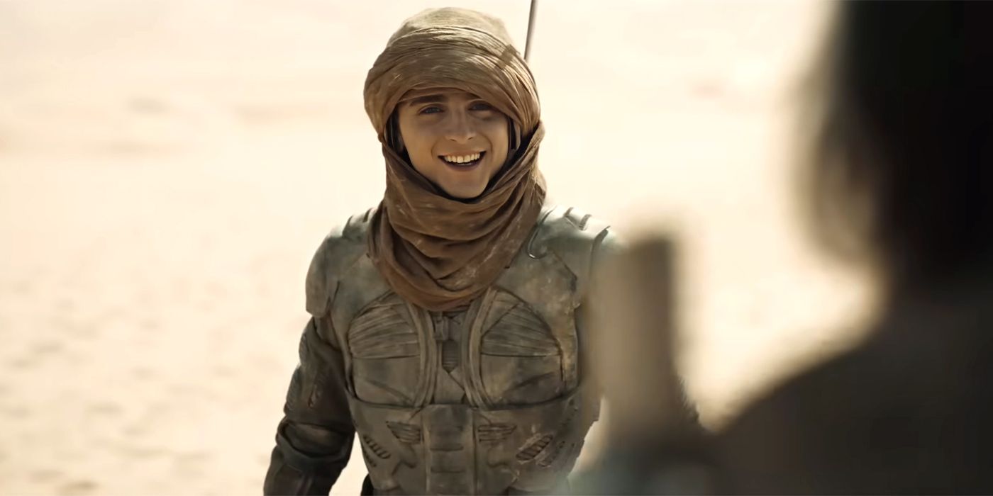 Timothée Chalamet as Paul looking happy to see Gurney in Dune Part Two
