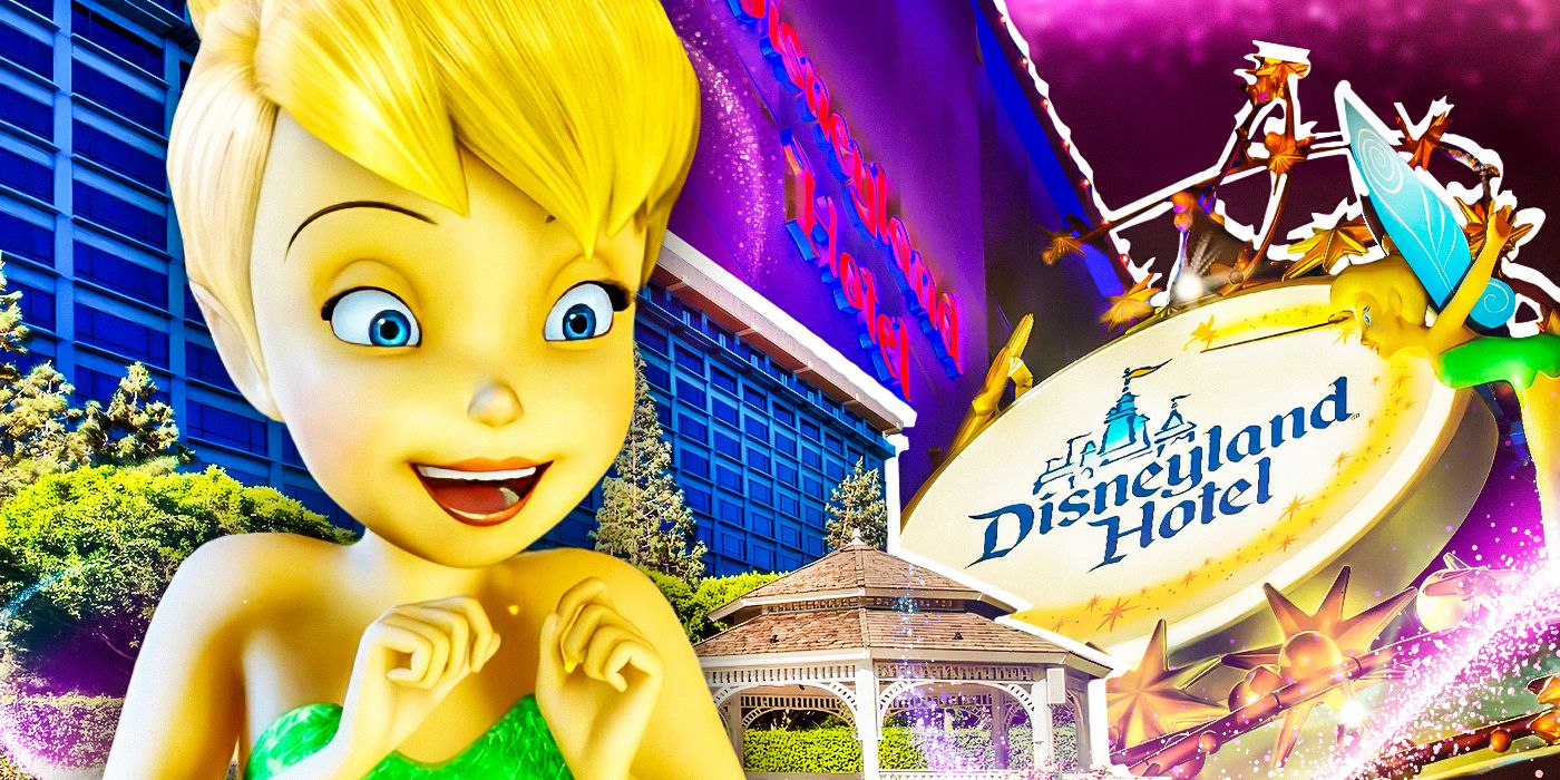 Split image of Tinkerbell smiling and the Disneyland Hotel