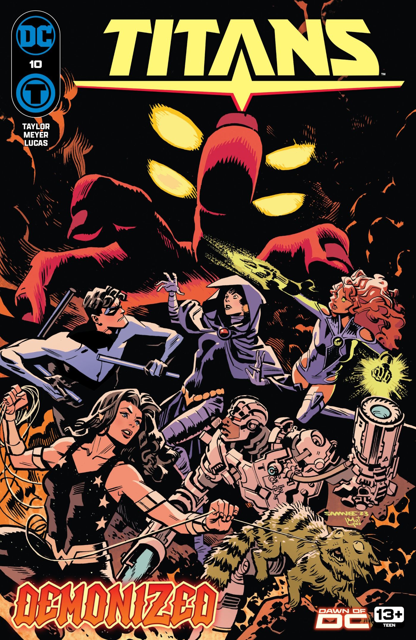 Capa principal de Titãs 10: super-heróis fantasiados posam diante do rosto de um demônio.