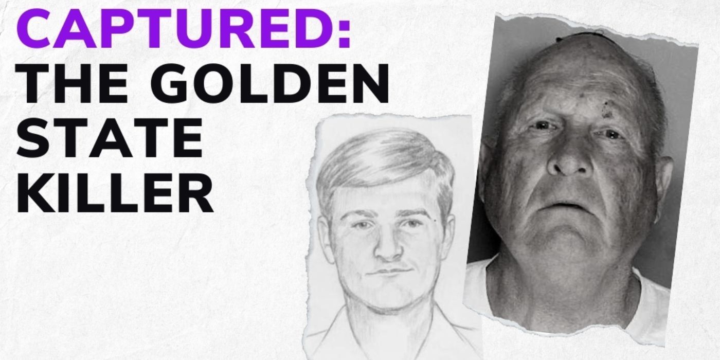 Title card for the Crime Junkie podcast episode The Golden State Killer with two image of the killer.
