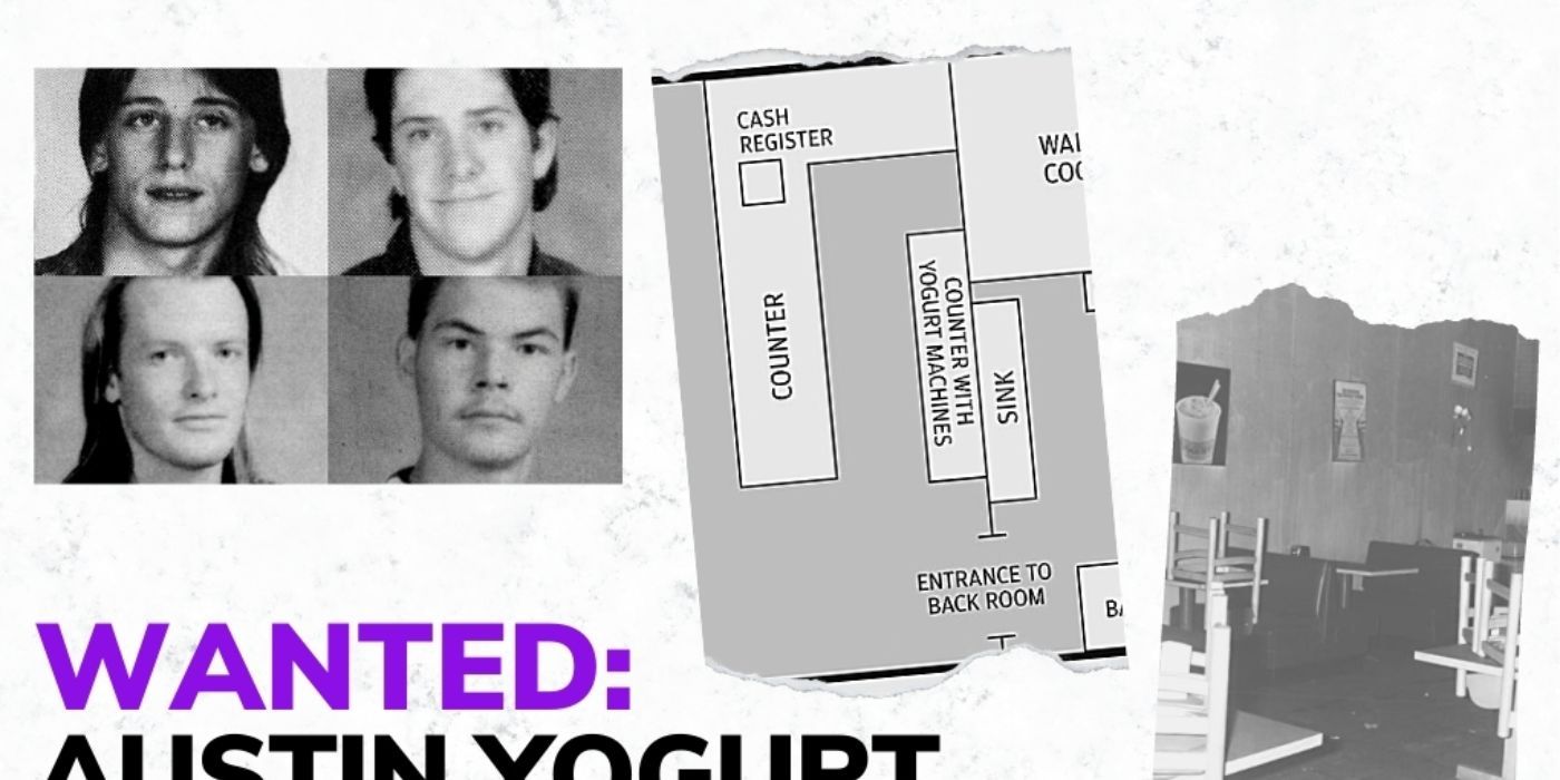 Cartão de título do episódio do podcast Crime Junkie, Wanted Austin Yoguert Shop Killer com os quatro acusados ​​​​e um layout da loja.