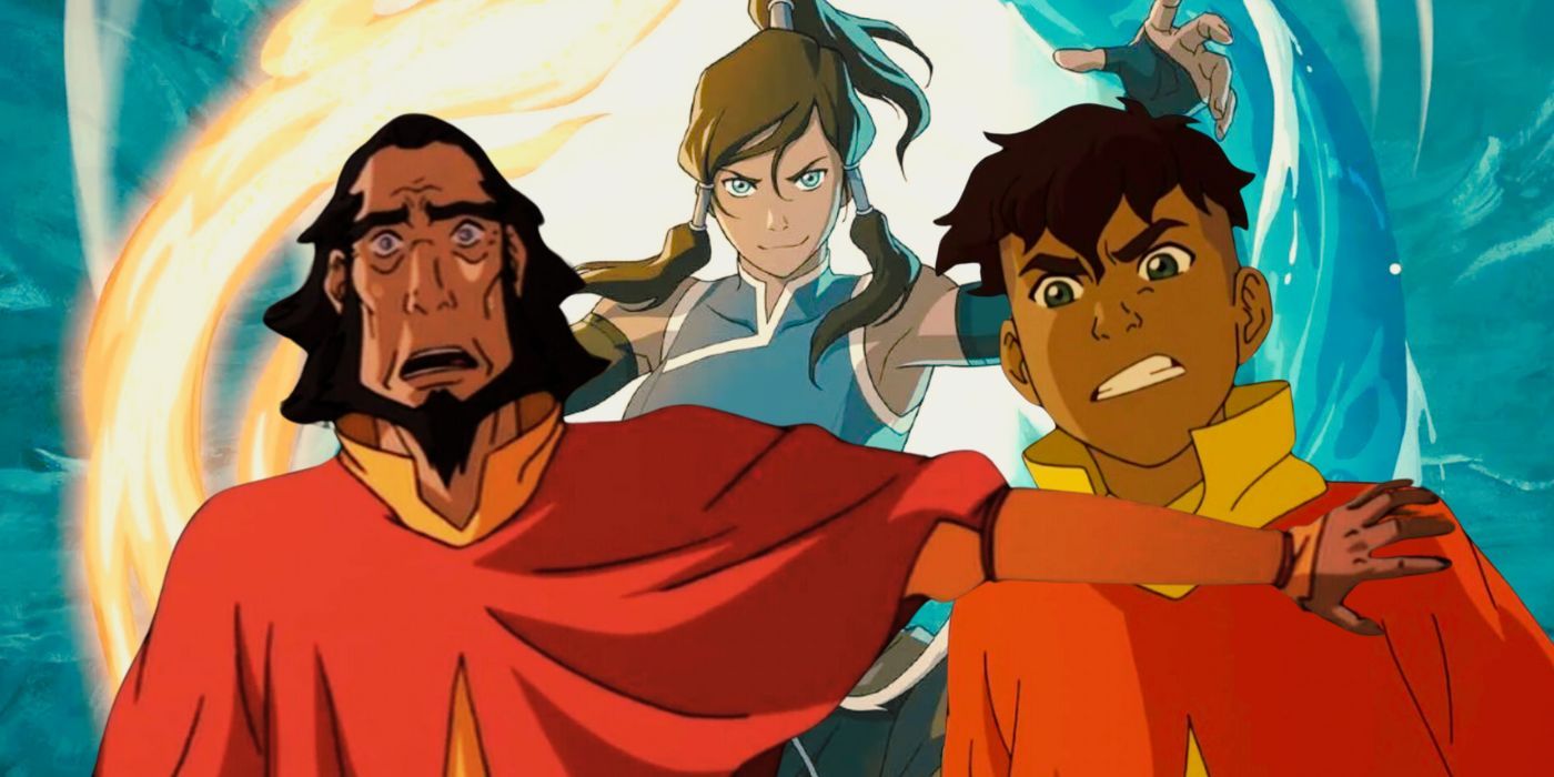 A composite image features Korra bending multiple elements in the background with surprised Bumi and angry Kai in their Airbending robes in the foreground in The Legend of Korra