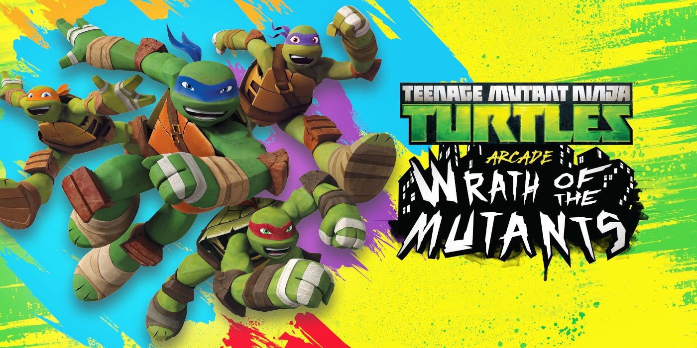 Logo for TMNT Arcade: Wrath of the Mutants featuring Michelangelo, Leonardo, Donatello, and Raphael