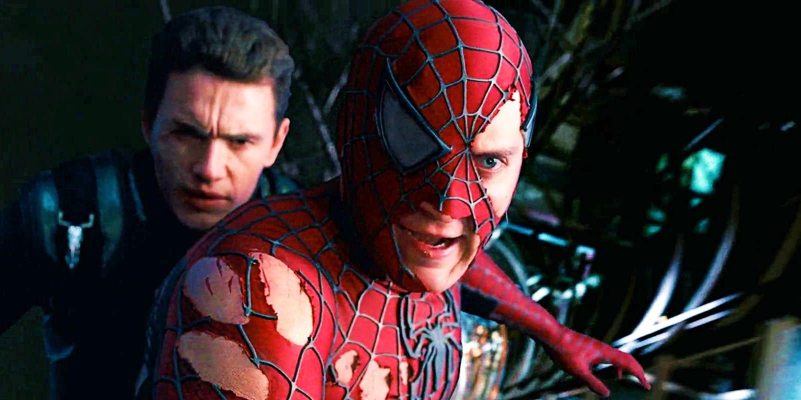 Tobey Maguire as Spider-Man With His Suit All Torn Up James Franco As Green Goblin Standing Behind Him In Spider-Man 3