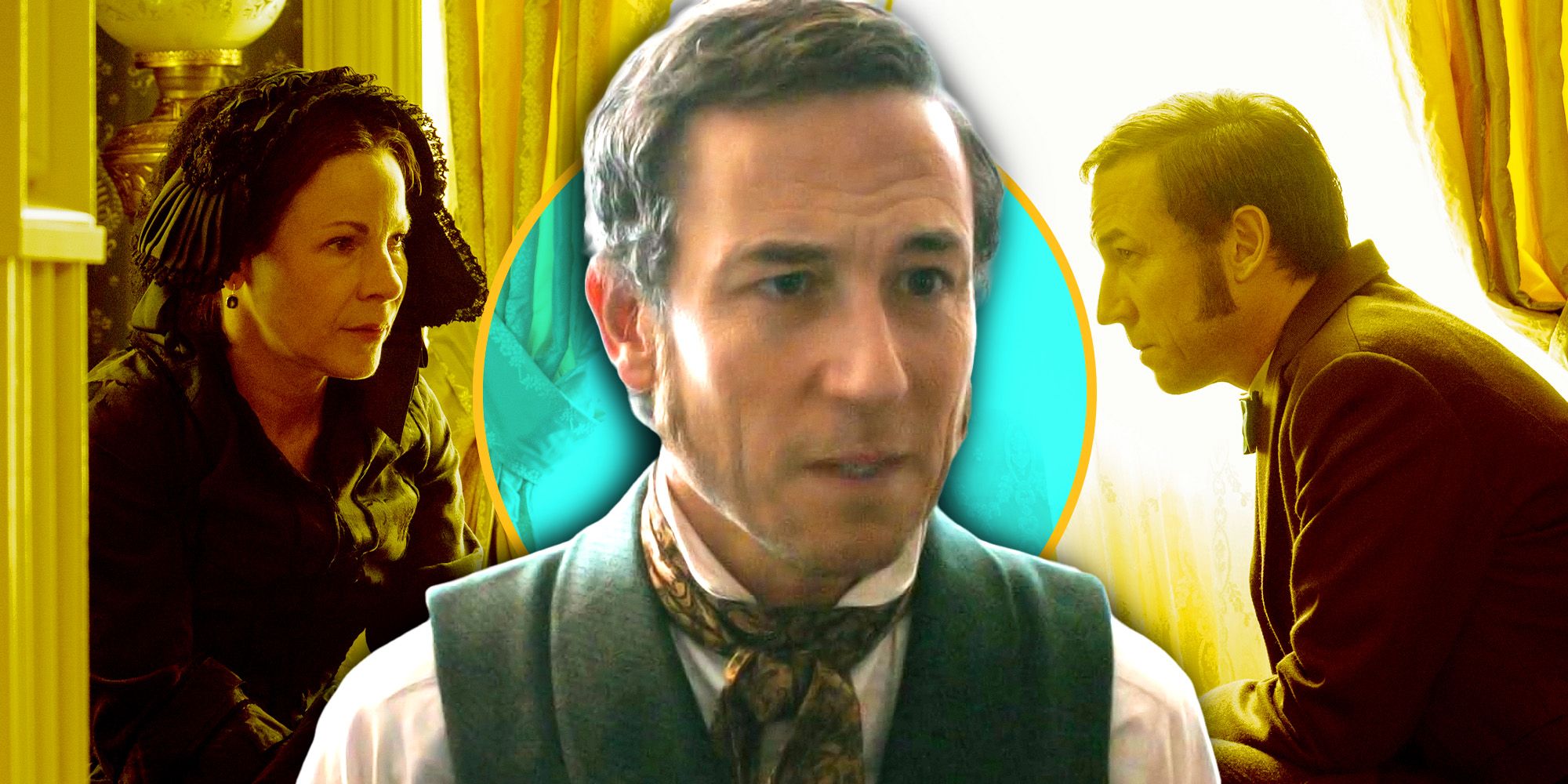 Tobias Menzies as Edwin Stanton comforting Lili Taylor's Mary Todd Lincoln in Manhunt
