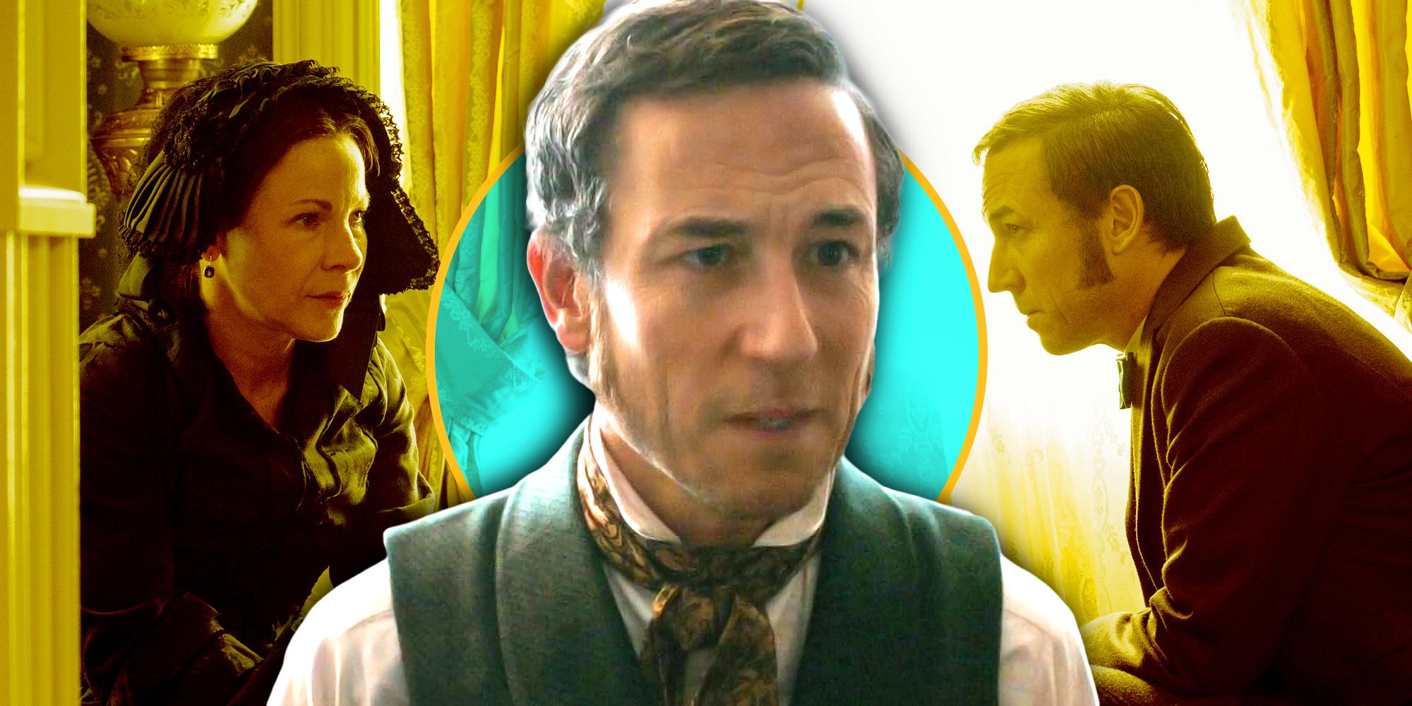 Tobias Menzies as Edwin Stanton comforting Lili Taylor&rsquo;s Mary Todd Lincoln in Manhunt