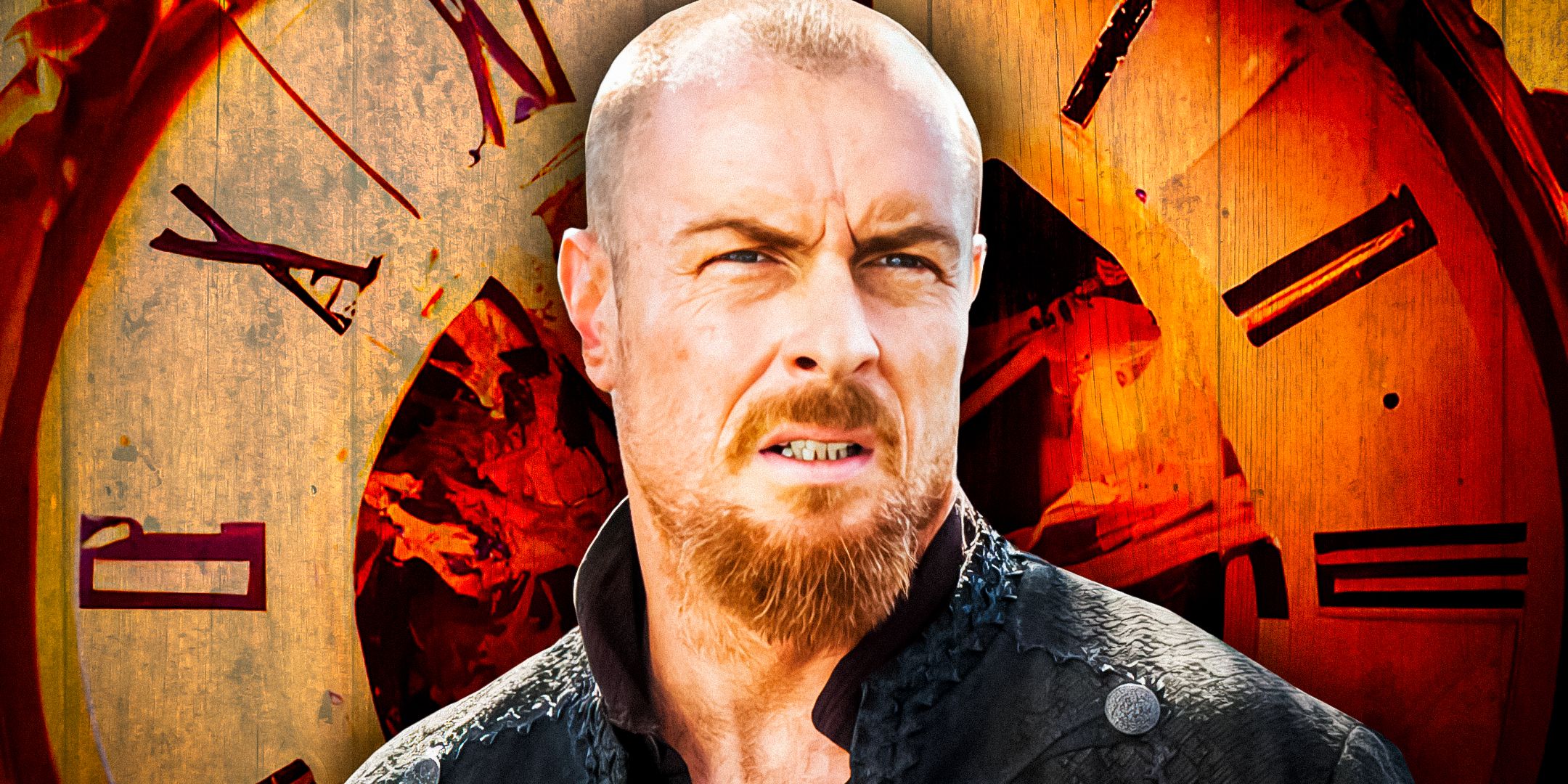 Toby Stephens as Captain Flint on Black Sails in front of a massive clock