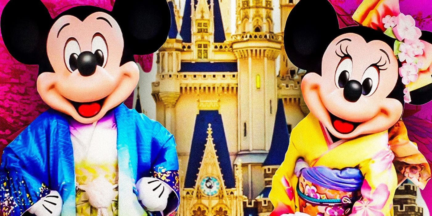 Mickey Mouse and Minnie Mouse in Tokyo Disneyland in front of a gold Disney castle