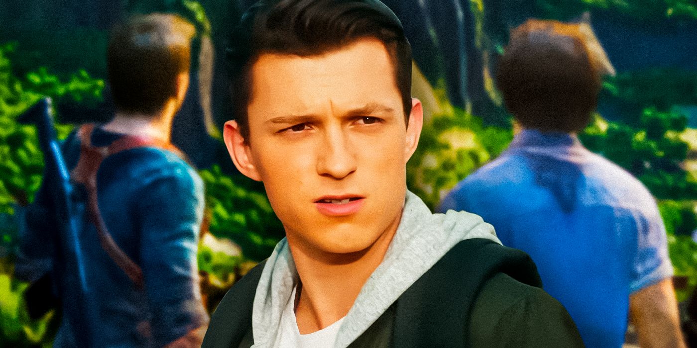 A custom image of Tom Holland as Nathan Drake in the Uncharted movie against the backdrop of a screenshot from the Uncharted 4 game