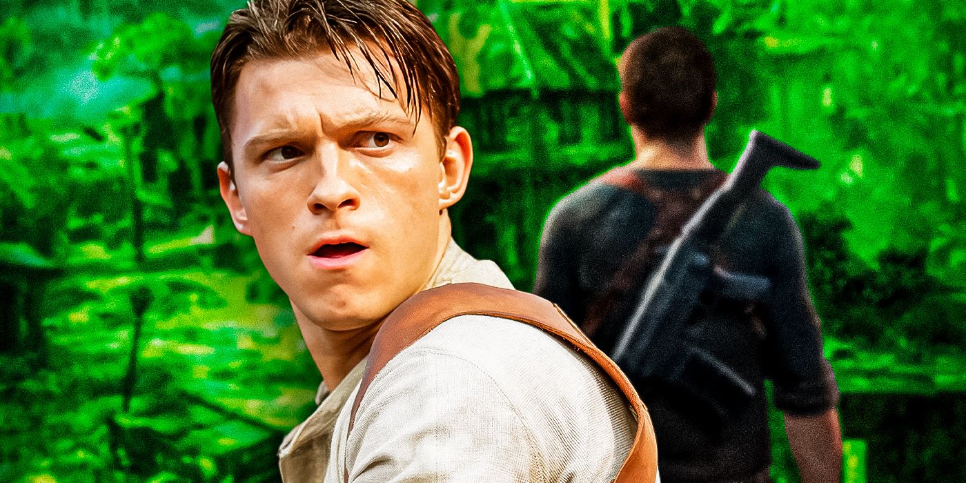 A custom image of Tom Holland as Nathan Drake with the Nathan Drake from the Uncharted games in the background