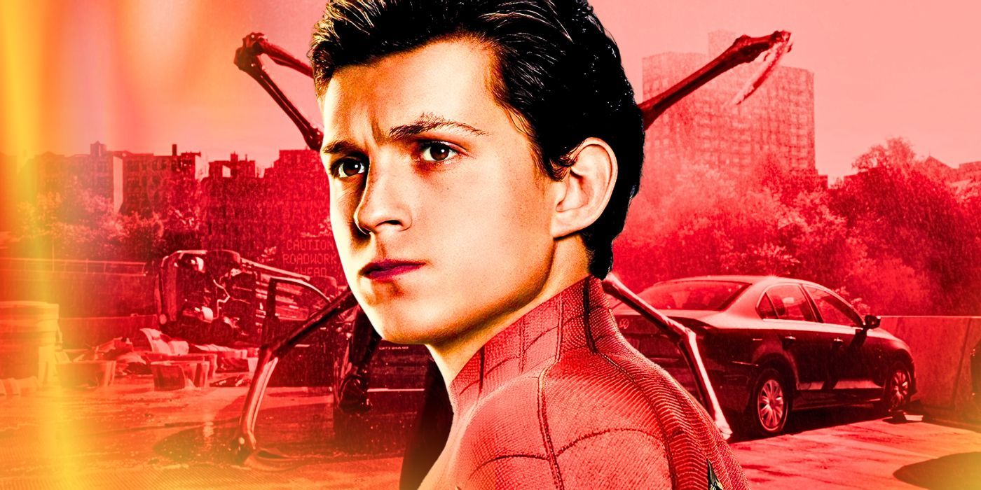 A custom image of Tom Holland's Spider-Man in front of a red-tinted image of the Iron Spider suit in the MCU