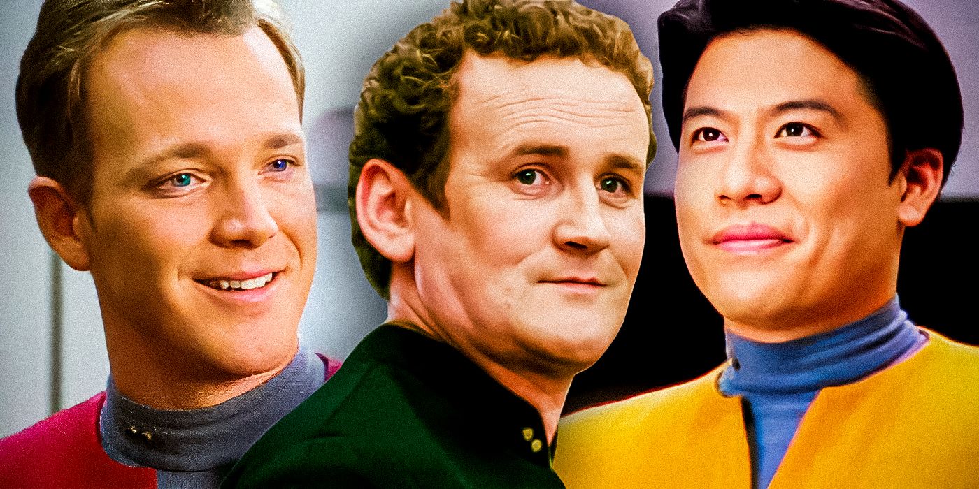 Collage of Tom Paris and Harry Kim from Star Trek: Voyager and Miles O'Brien from Star Trek: Deep Space Nine all smiling and looking in different directions.