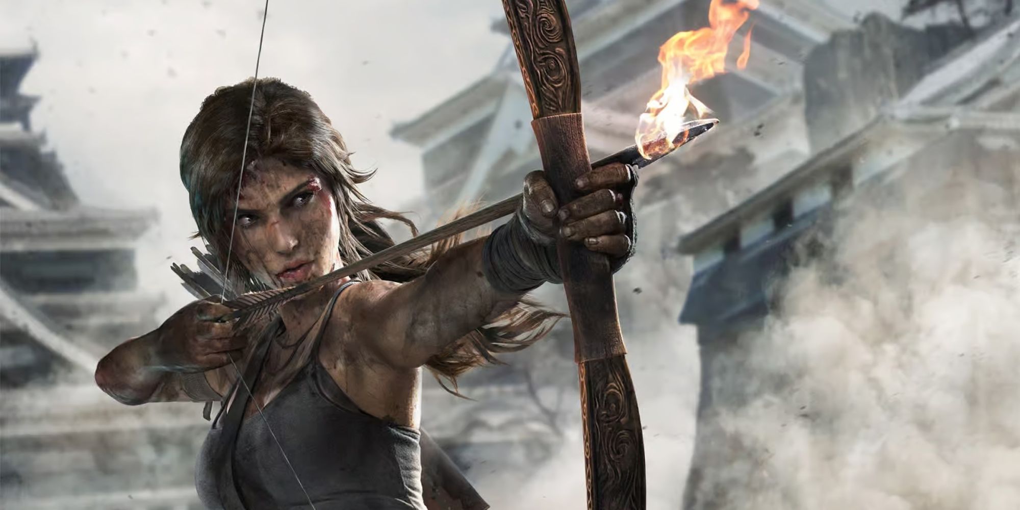 Lara Croft aiming a bow with a fire arrow.