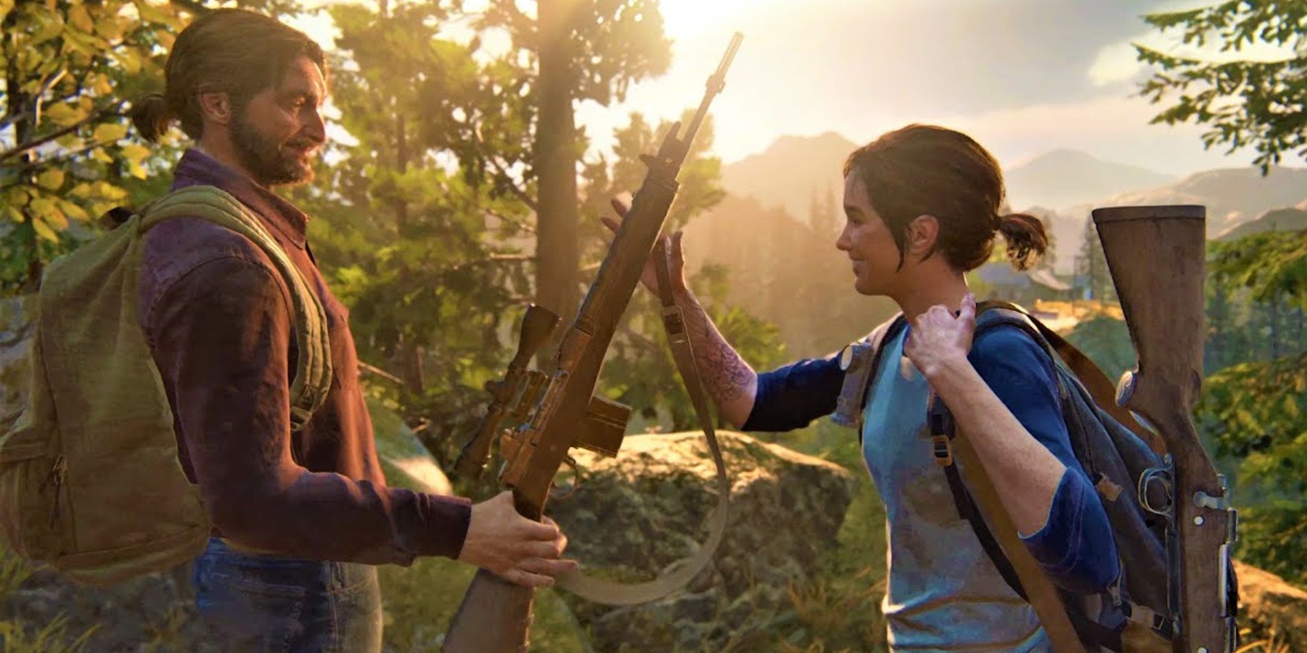 Tommy entrega a Ellie um rifle de precisão em The Last of Us Part II