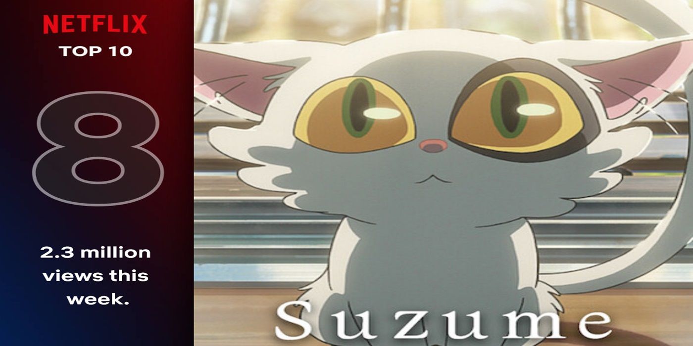 Um gráfico da Netflix representando a classificação oficial de Suzume no serviço de streaming da Netflix, apresentando um visual do filme de um pequeno gato branco.