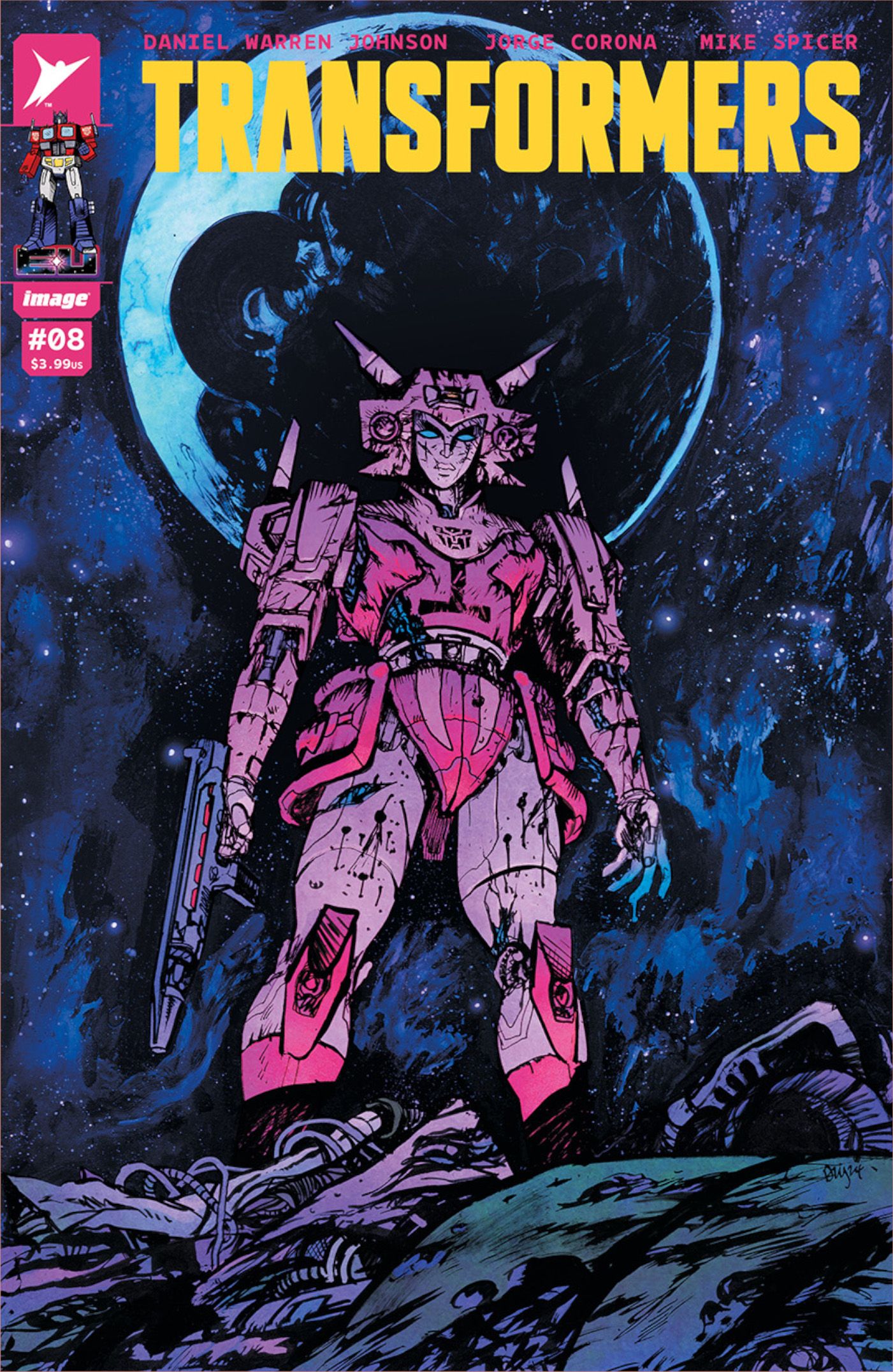 Transformers #8 Cover A by Daniel Warren Johnson, featuring Autobot Arcee standing against a night sky backdrop.