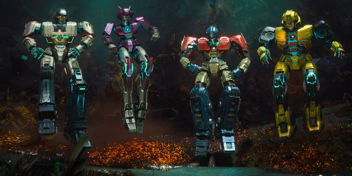 Megatron, Elita-One, Orion Pax e Bumblebee com seus novos reatores em seus baús cheios de superpoderes em Transformers One