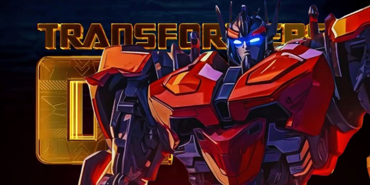 Optimus Prime in Transformers One in front of the Transformers One logo