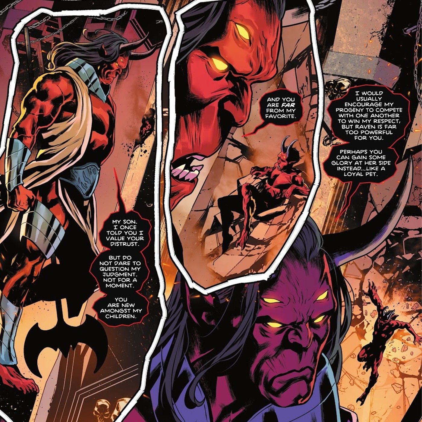 Comic book panels: the demon Trigon speaks to his son Trilogy