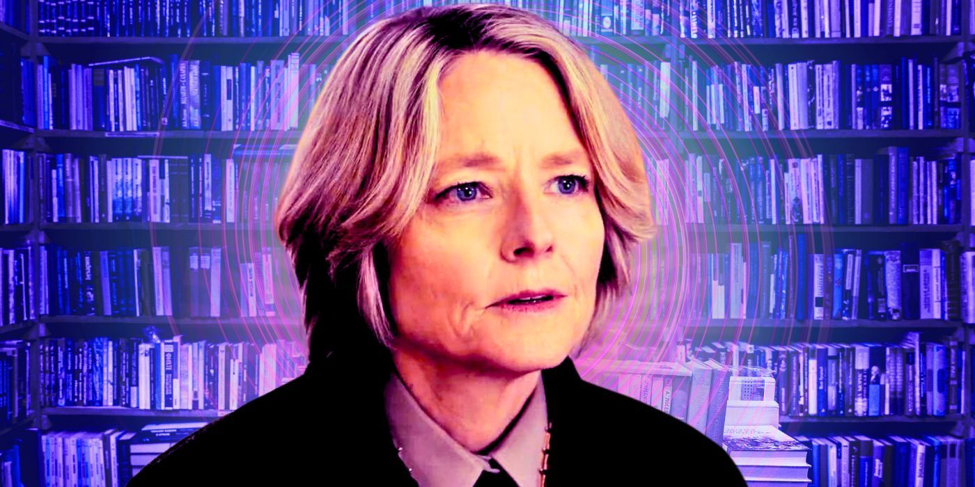 Jodie Foster in True Detective: Night Country against a background of bookshelves