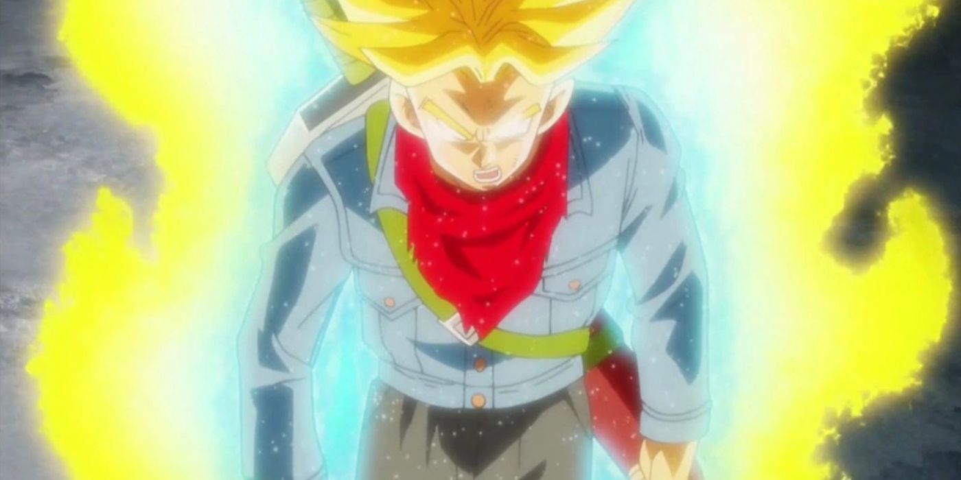 Super Saiyan Rage Trunks walks toward his foe with pure anger in his heart.