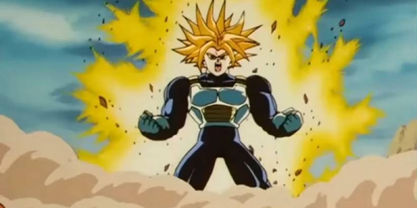 Trunks powers up to Super Saiyan Third Grade with dust clouds around him in Dragon Ball.