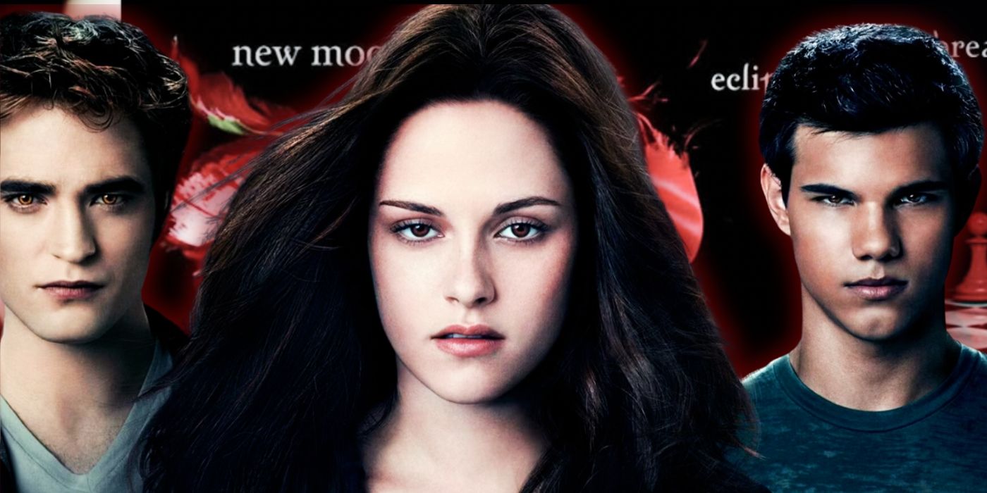 Uma imagem composta mostra Edward, Bella e Jacob dos filmes Crepúsculo sobre as capas dos livros Crepúsculo