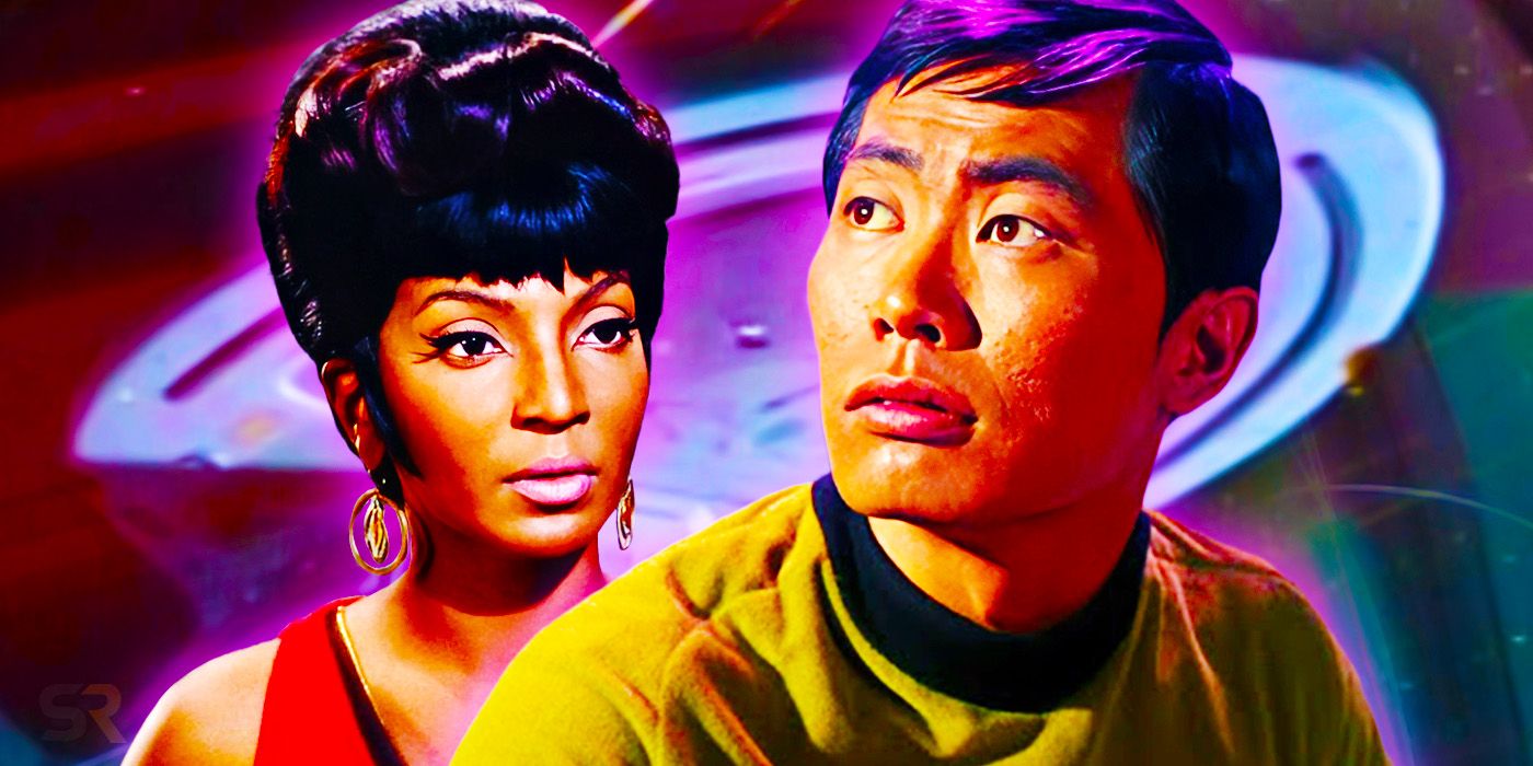 Nyota Uhura (Nichelle Nichols) and Hikaru Sulu (George Takei) from Star Trek: The Original Series with the USS Voyager in the background.