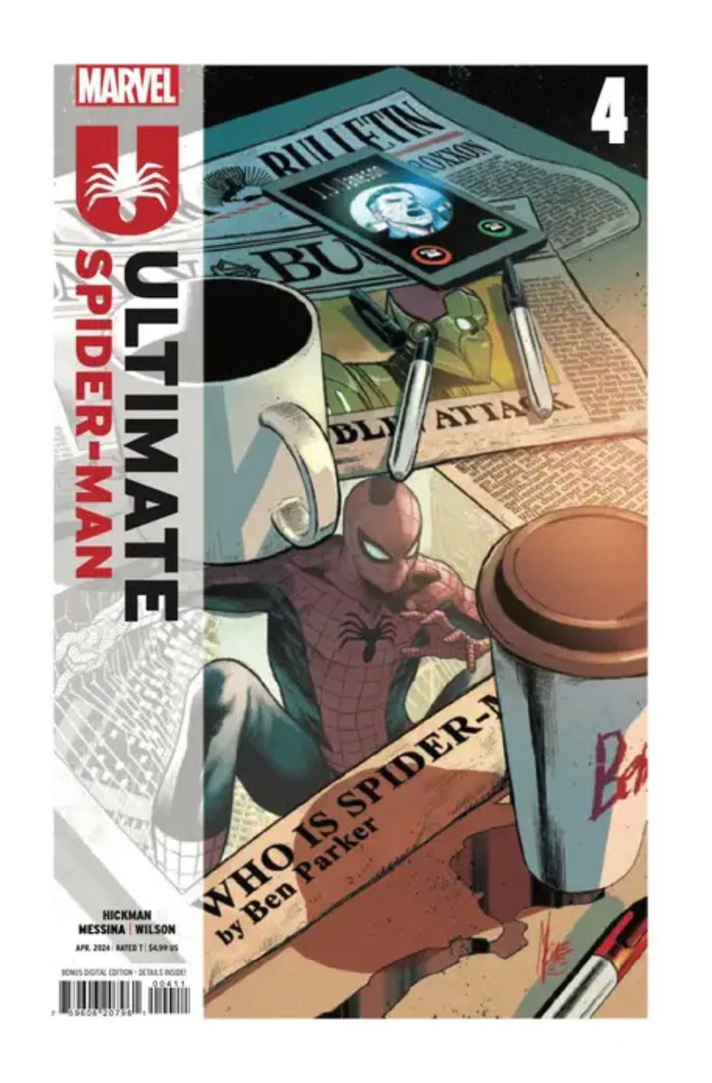 Capa de Ultimate Spider-Man #4 retratando uma mesa com um jornal, o Homem-Aranha na primeira página.