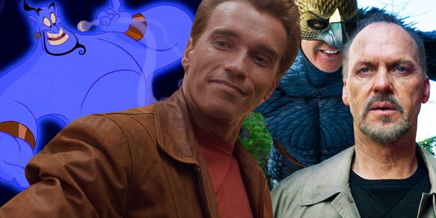 A collage image of The Genie from Aladdin, Arnold Schwarzenegger in The Last Action Hero, and Michael Keaton in Birdman - created by Tom Russell