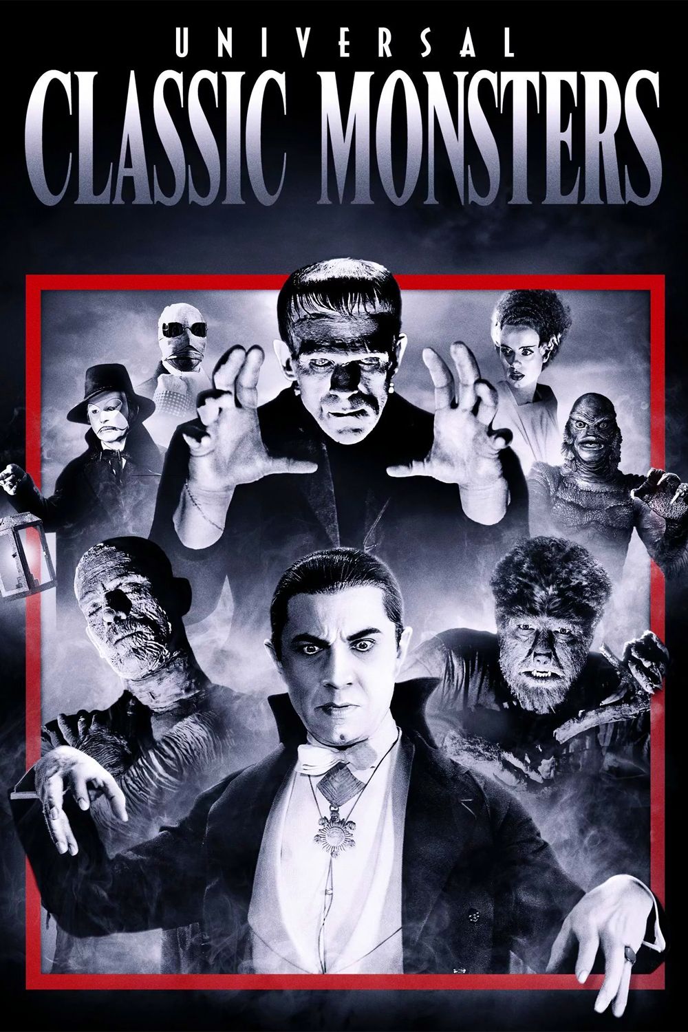 Pôster Universal Classic Monsters com Drácula, Frankenstein, Noiva de Frankenstein, Gill-Man, A Múmia, O Fantasma da Ópera, O Homem Lobo e O Homem Invisível