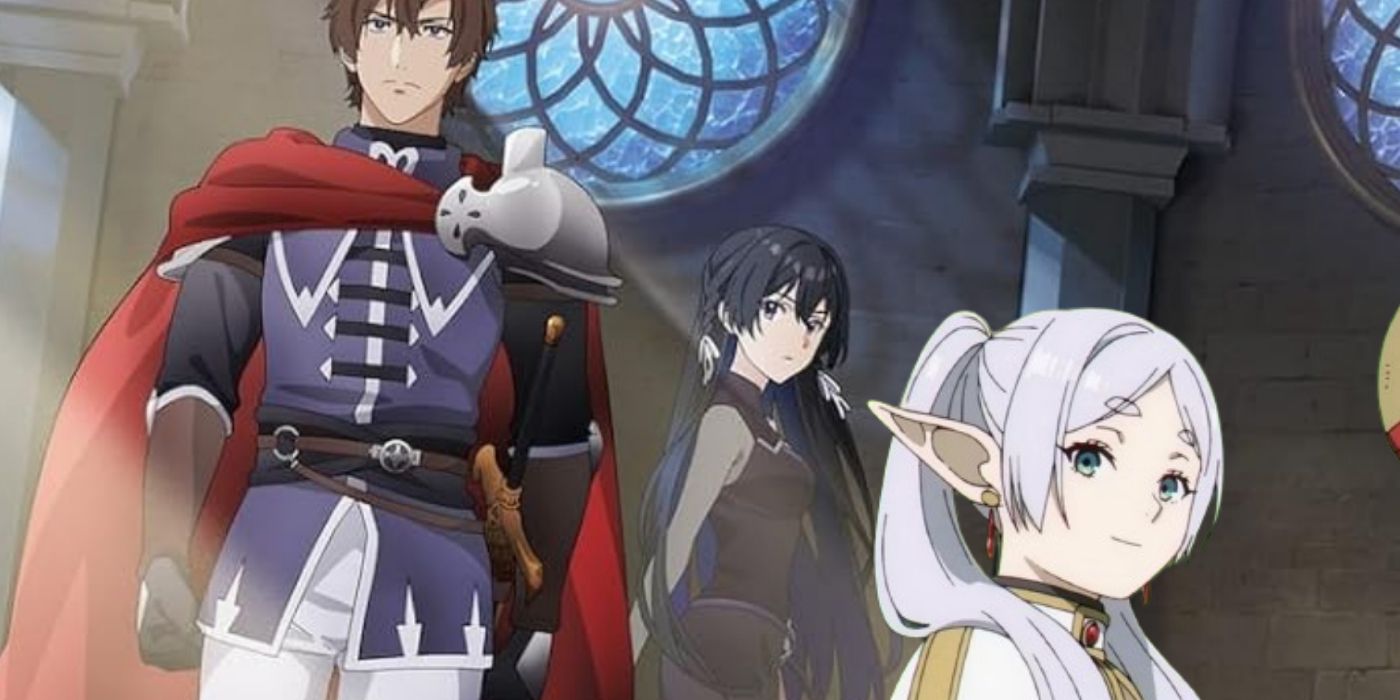 The official key visual for Unnamed Memory depicting the two main characters standing together while official art of Frieren is spliced into the bottom.