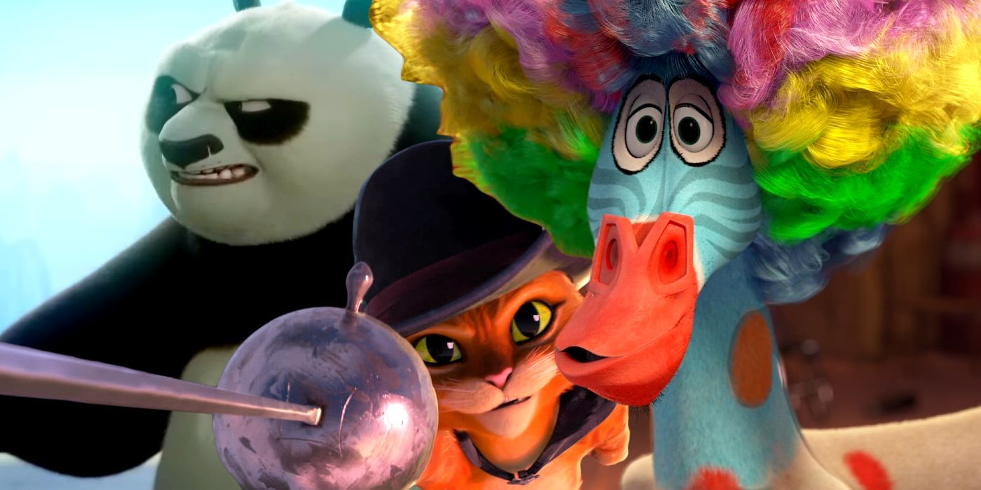 Po from Kung Fu Panda 4 with Marty from Madagascar and Puss in Boots