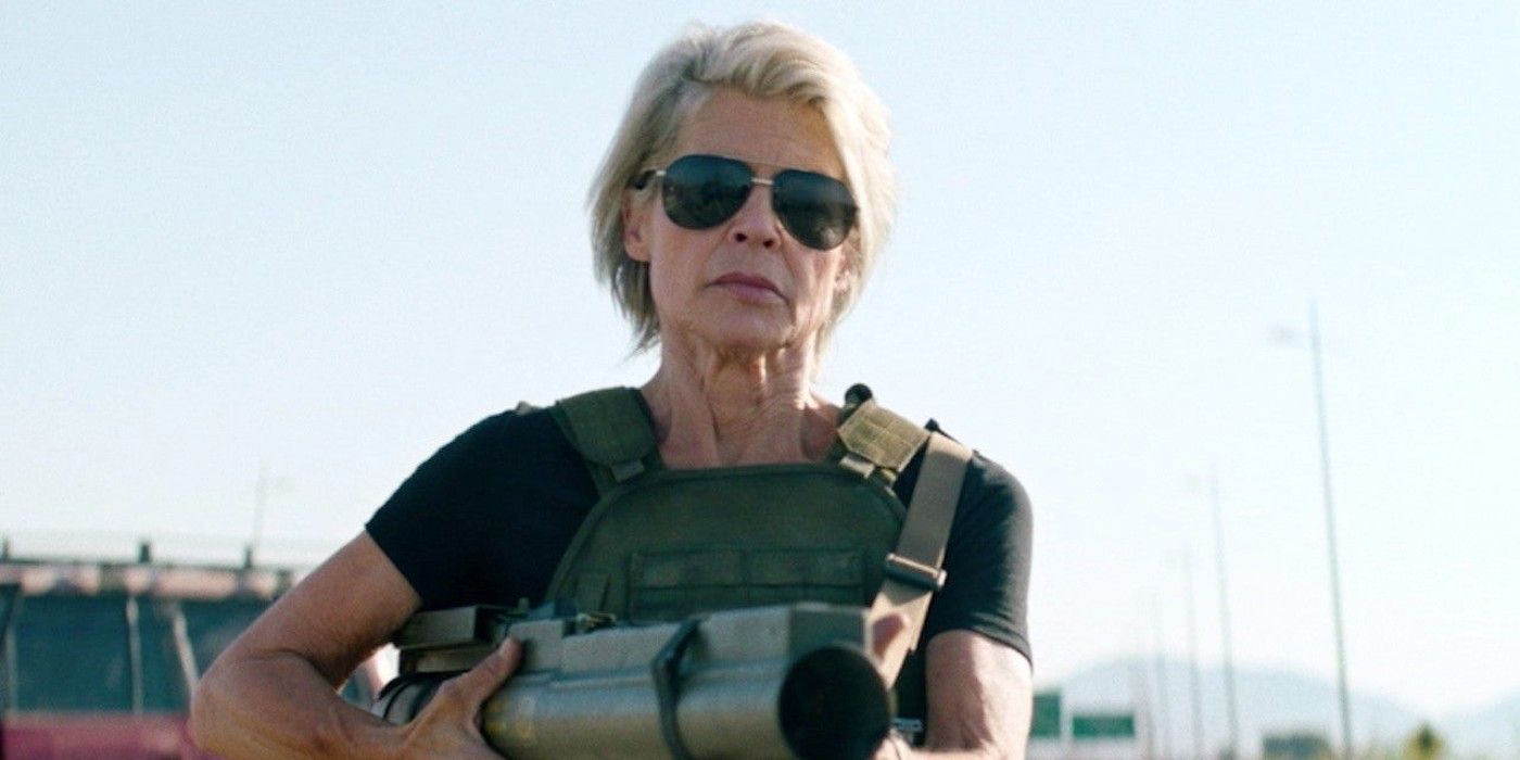Linda Hamilton as Sarah Connor with a rocket launcher in Terminator: Dark Fate