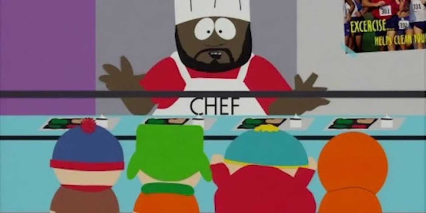 Chef conversando com Stan, Kyle, Cartman e Kenny na cafeteria em South Park