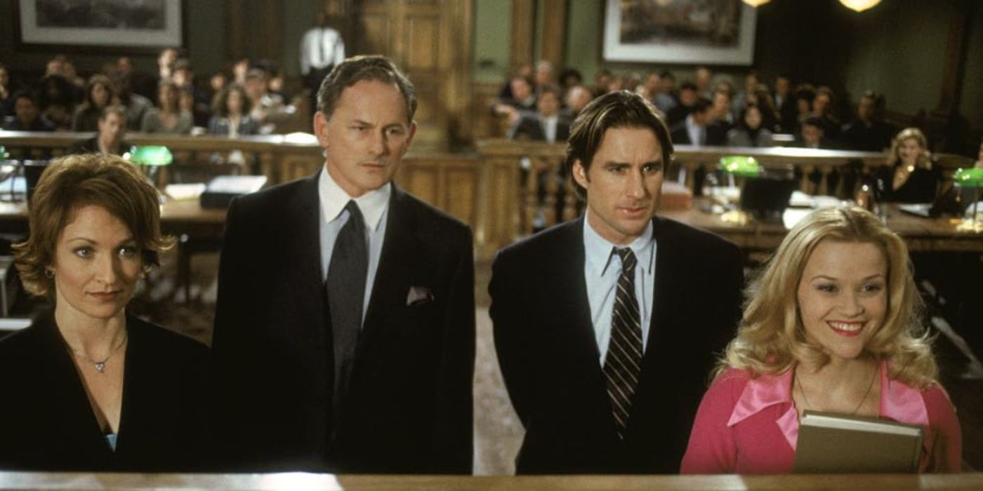Professor Callahan, Chutney's lawyer, Emmett, and Elle in court in Legally Blonde 